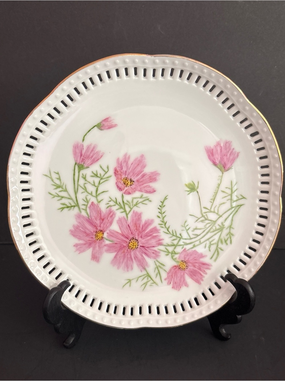 Antique Porcelain Pink Cosmos Floral Cottage Core Decorative Gallery Wall Plate